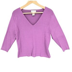 Worthington Women's X-Large Purple Ribbed V-Neck Knit 3/4 Sleeve Top Shirt
